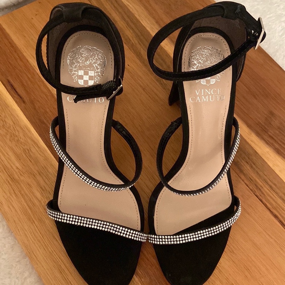 Vince Camuto Fairah Sandal, Black Nubuck and crystalline embellishment